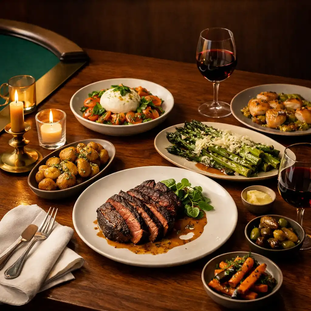 Plated steak and share plates on a polished timber table near green felt