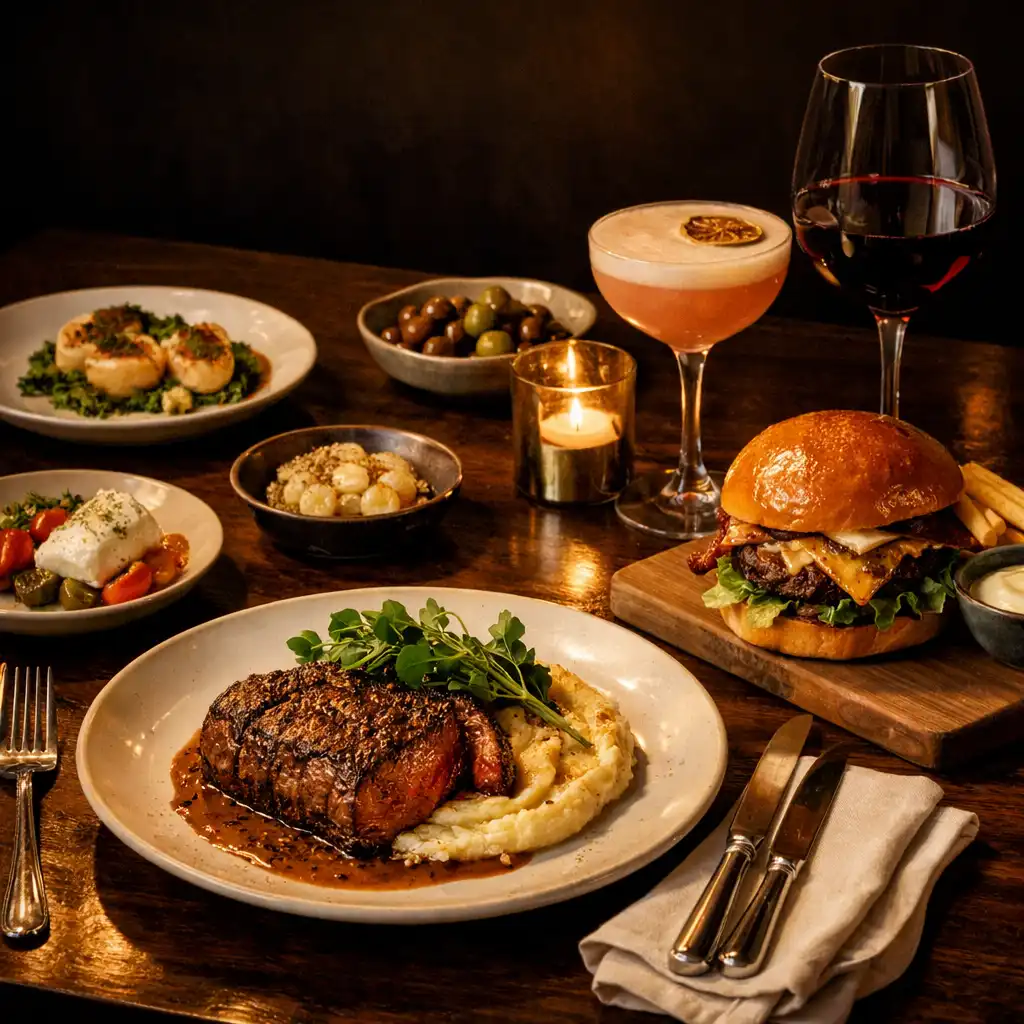 Steak, burger, share plates, a cocktail and wine arranged on a dark timber bistro table.