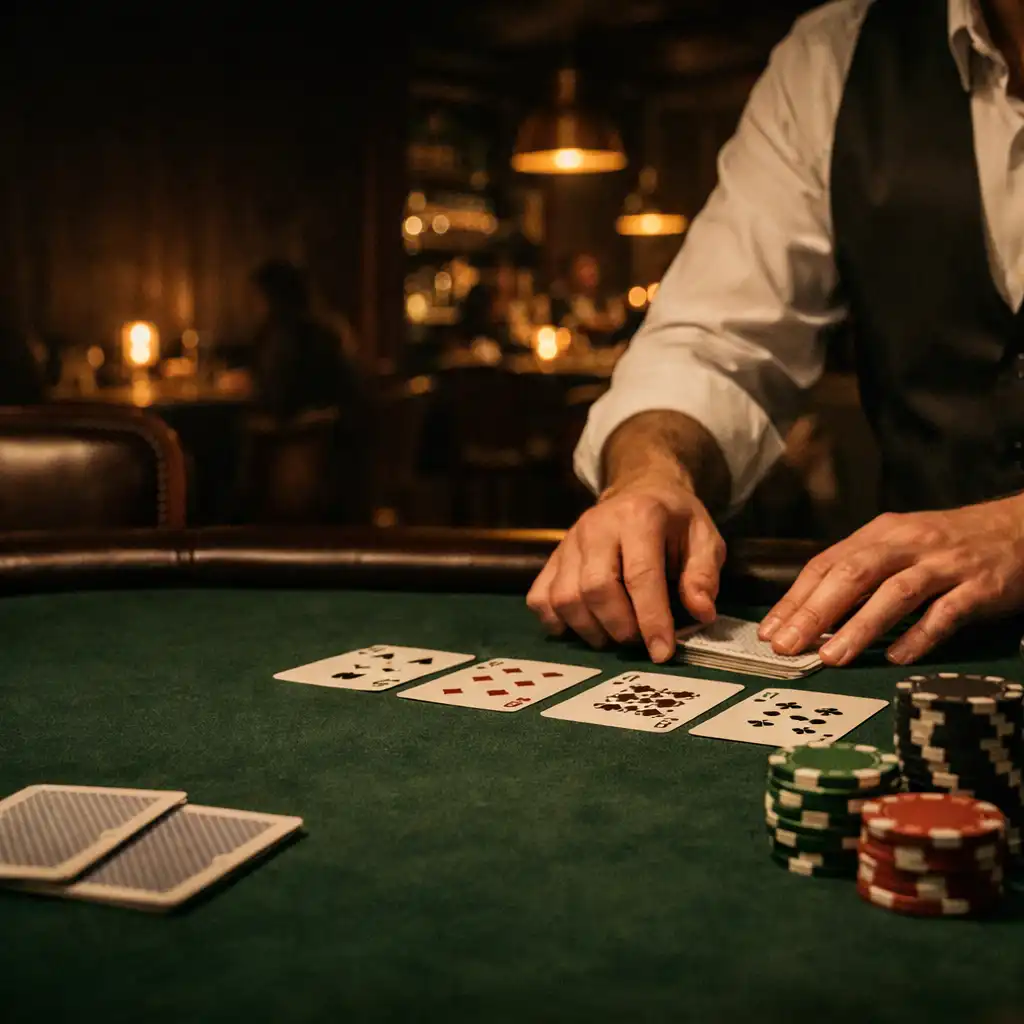 A dealer's hands over green felt in Lanter Nandlot's candlelit card room, with warm bistro tables beyond.