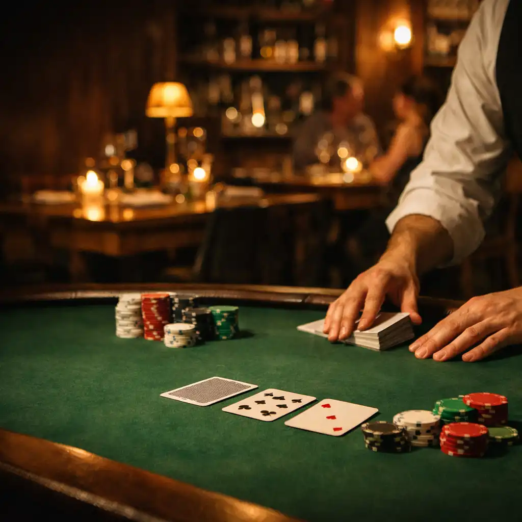 Dealer hands preparing cards on a green felt poker table with warm bistro lights beyond