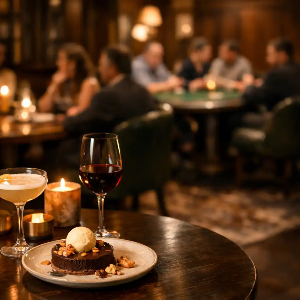 A cocktail, wine and plated dessert glow on a candlelit table with deep green seating and poker lounge activity beyond.