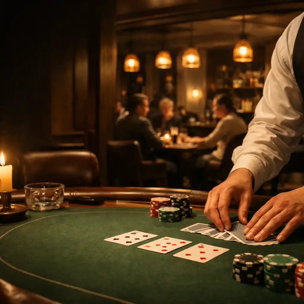 Dealer's hands arranging cards and chips on a green felt poker table with a warmly lit bistro beyond.