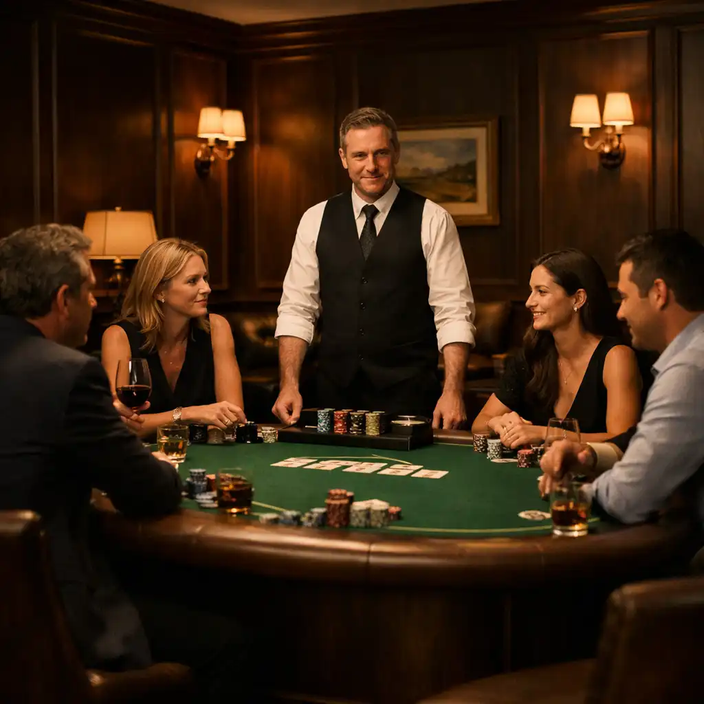 A green-felt poker table, dealer and leather seating inside Lanter Nandlot's warmly lit poker lounge.