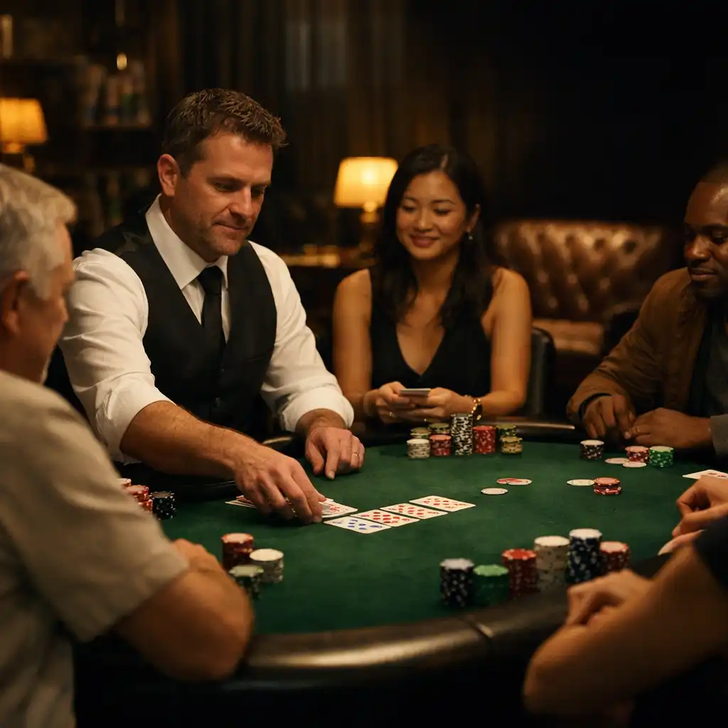 Guests seated around a green felt poker table while a dealer guides an in-person Texas Hold'em session.