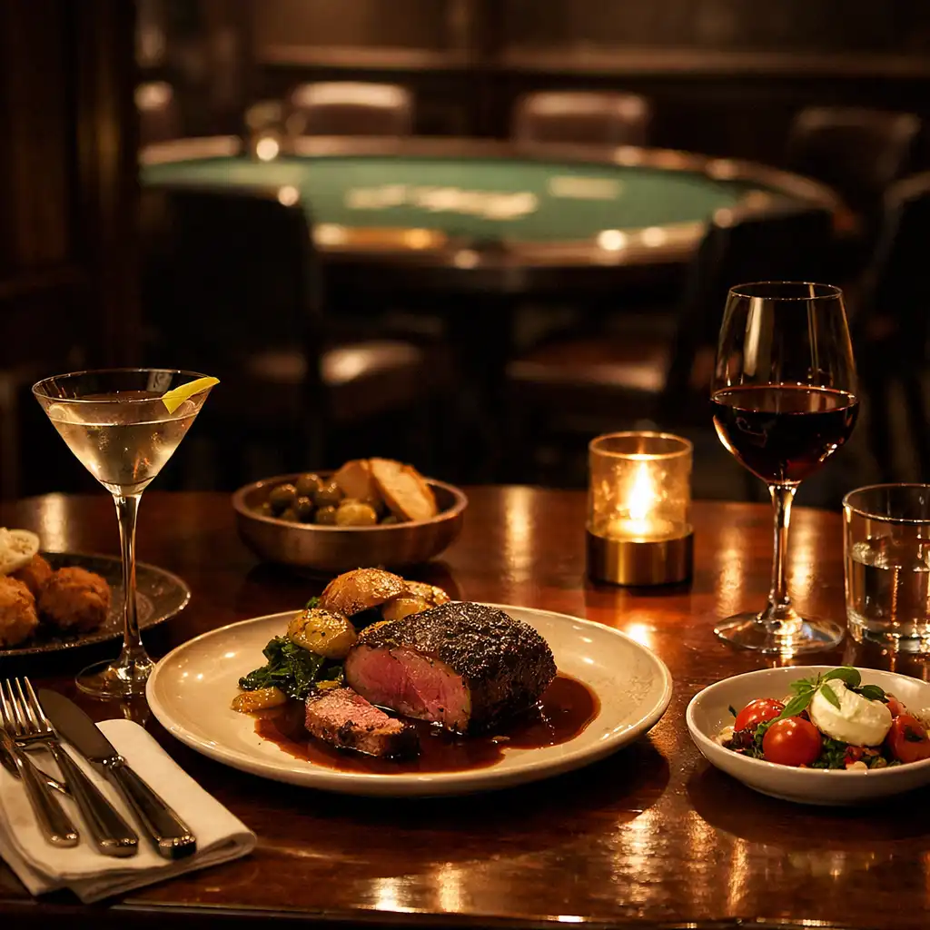 A plated steak, share plates, cocktail and wine on a polished timber bistro table near the poker lounge.