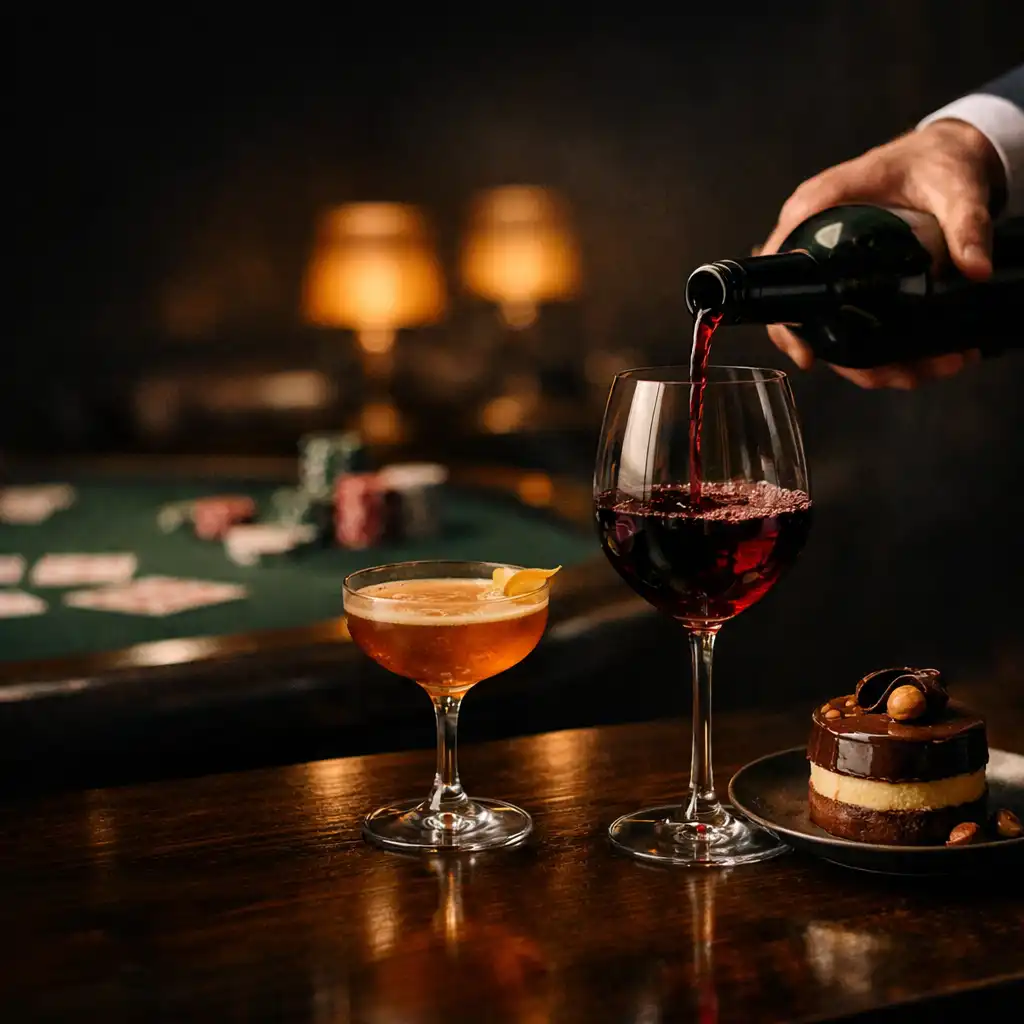 Wine being poured beside a cocktail and dessert in the softly lit poker lounge
