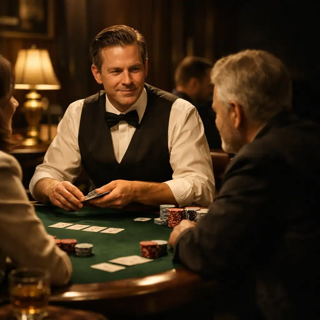 Dealer guiding guests through offline poker table action in Lanter Nandlot’s card room