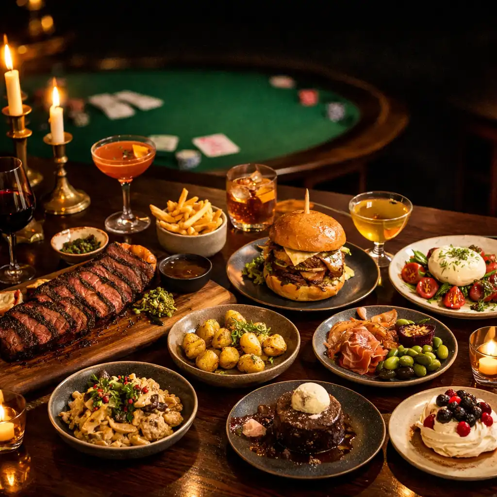 Australian bistro spread with steak, burger, share plates, cocktails and wine prepared for a private evening