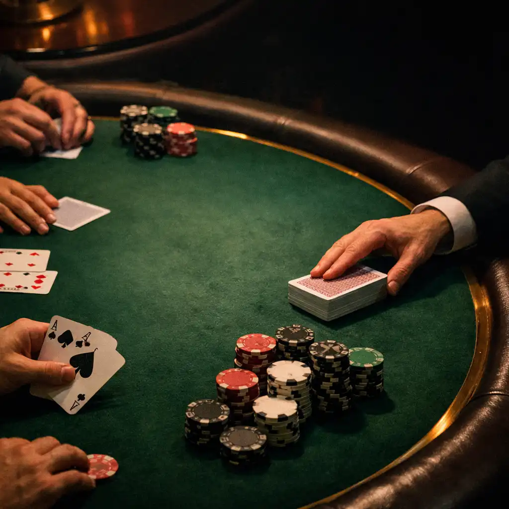 Hands, cards and poker chips gathered around deep green felt during dealer-led table action.