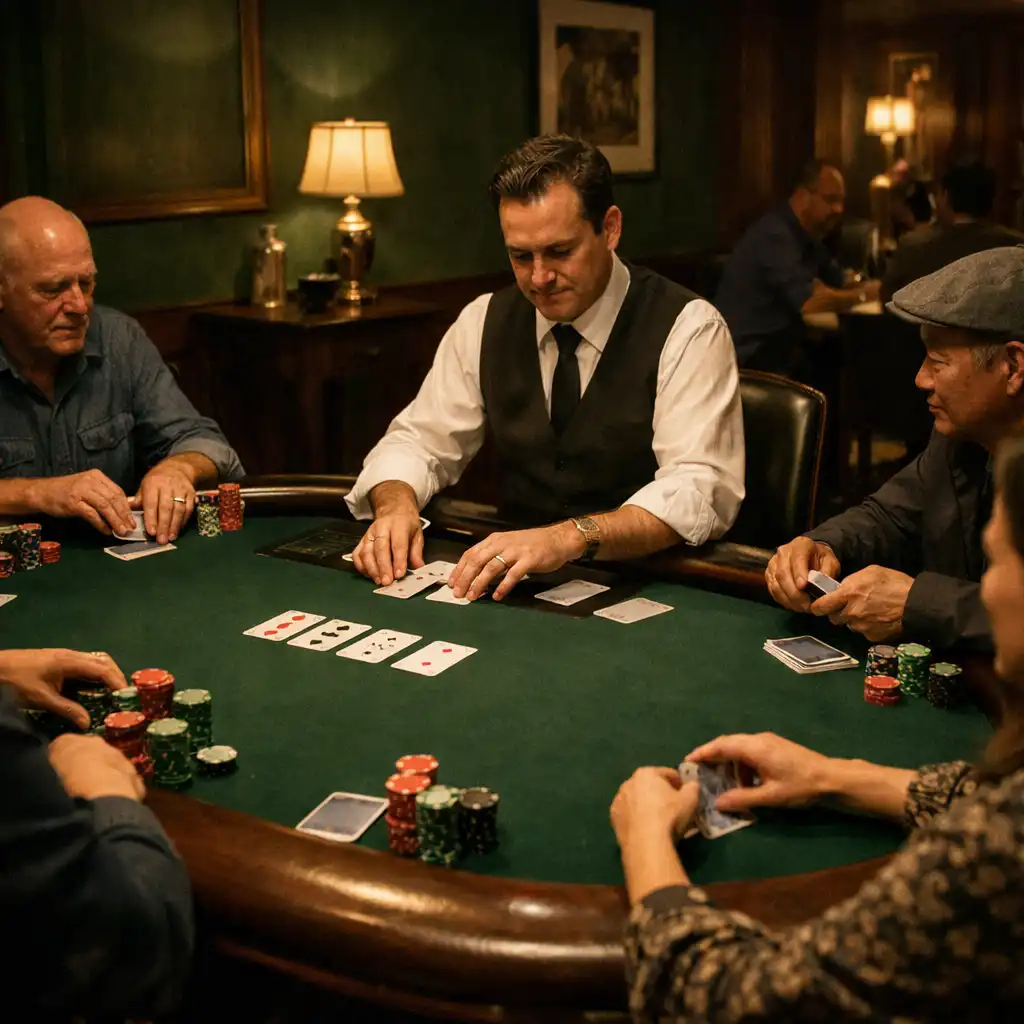 Dealer hosting a Texas Hold’em table in Lanter Nandlot's green-felt card room